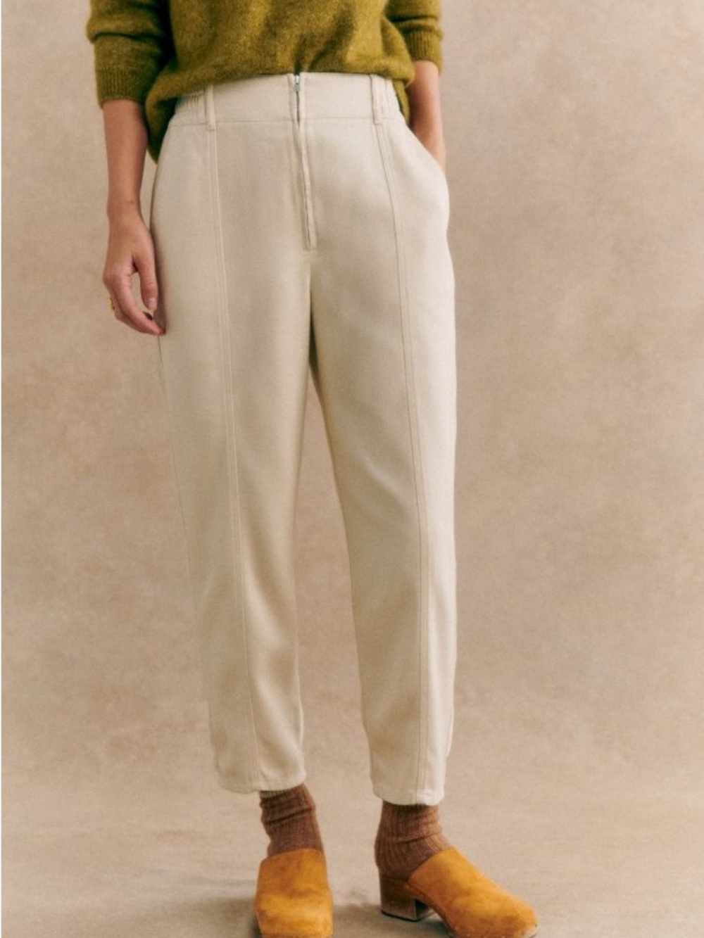 Sézane Bernardo Trousers Ecru Cream Lyocell Tencel High Rise Pants FR 42 US 10